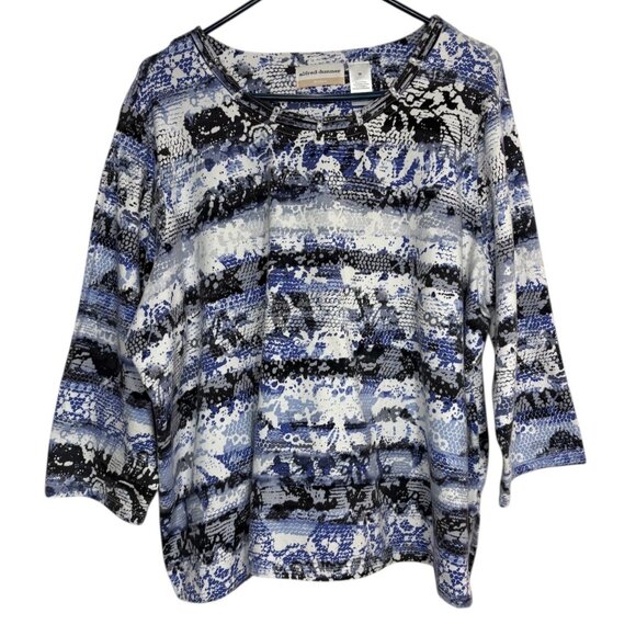 Alfred Dunner Womens 3X Blue Black Abstract 3/4 Sleeve Top With Rhinestone Trim - Picture 1 of 7